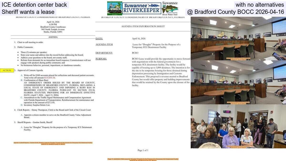 ICE detention center back, with no alternatives, Sheriff wants a lease @ Bradford County BOCC 2026-04-16