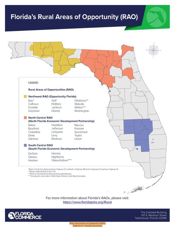 [Map: Rural Areas of Opportunity (RAO), 2026-01-01 --Florida Commerce]