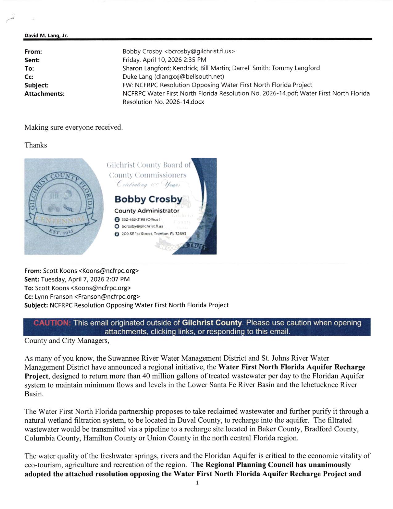 Subject: FW: NCFRPC Resolution Opposing Water First North Florida Project