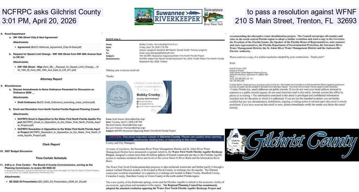 NCFRPC asks Gilchrist County to pass a resolution against WFNF, 3:01 PM, April 20, 2026, 210 S Main Street, Trenton, FL 32693