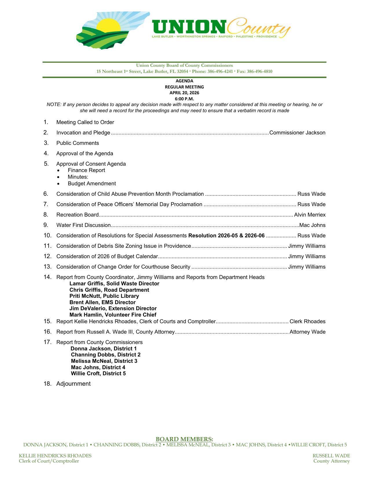 Regular Meeting Agenda, 2026-04-20 --Union County Commission