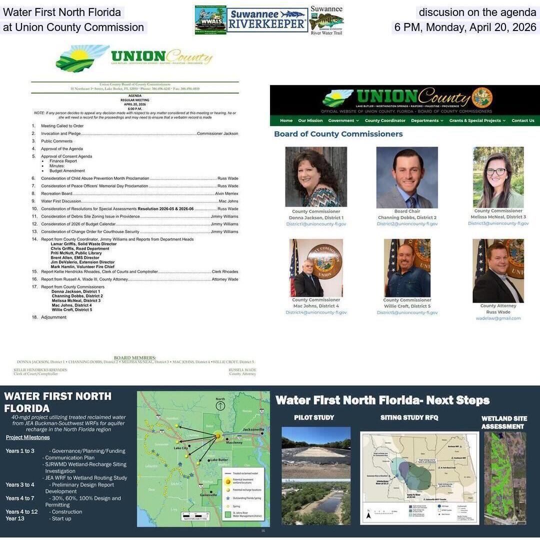 Water First North Florida discusion on the agenda at Union County Commission, 6 PM, Monday, April 20, 2026