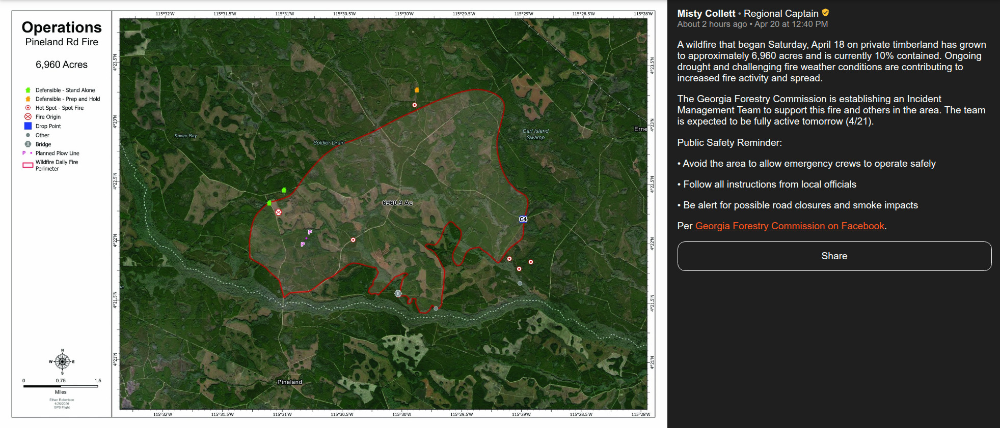 Map: Clinch Pineland Road Fire, 2026-04-20 --Watchduty