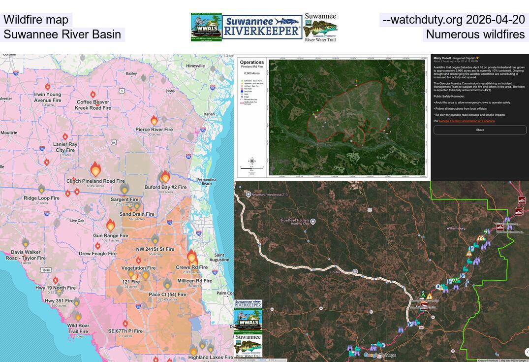 Wildfire map, --watchduty.org 2026-04-20, Suwannee River Basin, Numerous wildfires