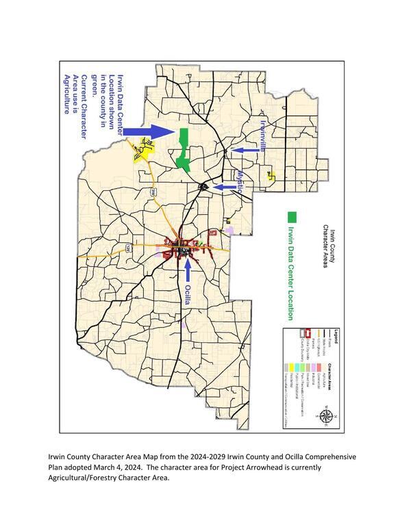 [Irwin County Character Area Map from the 2024-2029 Irwin County and Ocilla Comprehensive Plan adopted 2024-03-04. The character area for Project Arrowhead is currently Agricultural/Forestry Character Area. --SGRC]