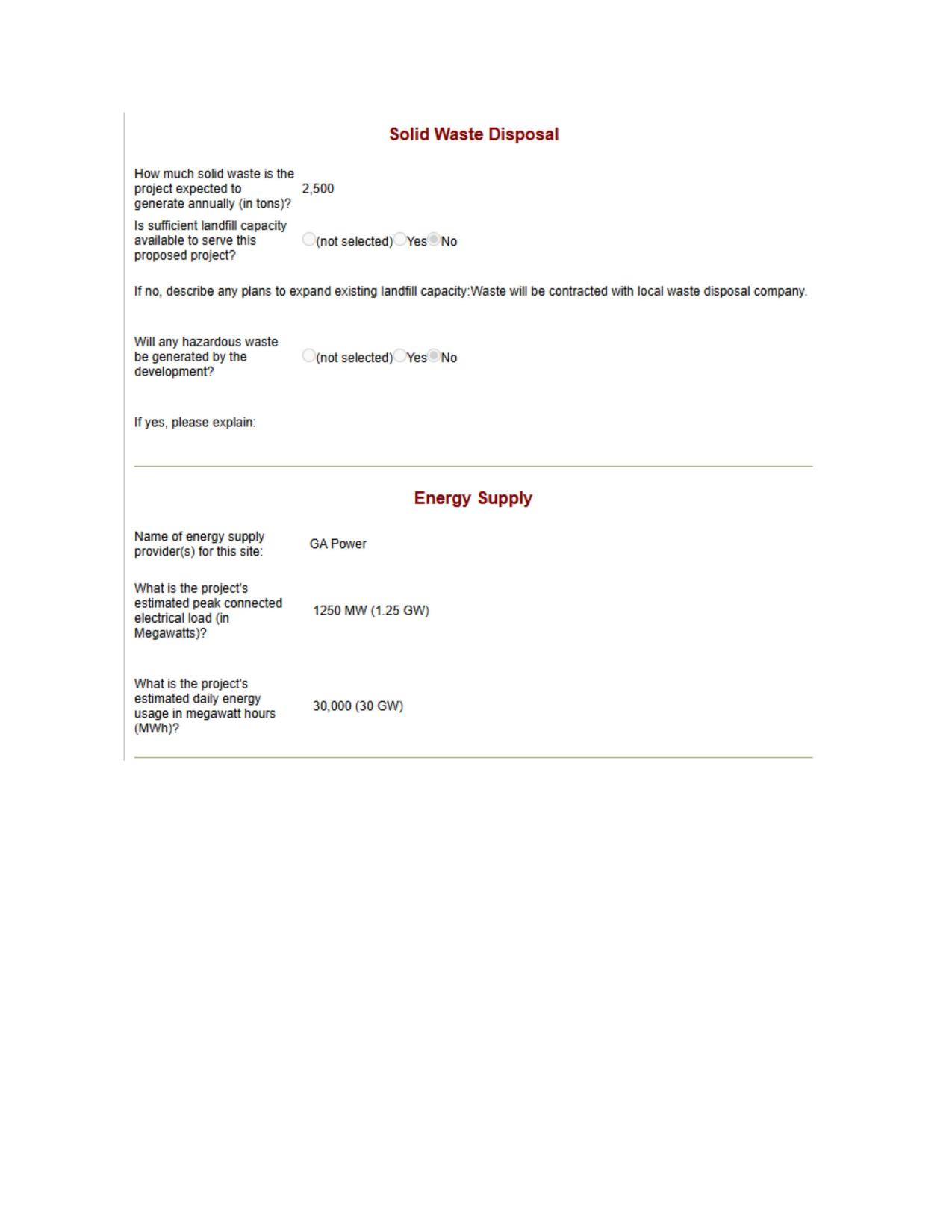 Solid Waste Disposal; Energy Supply