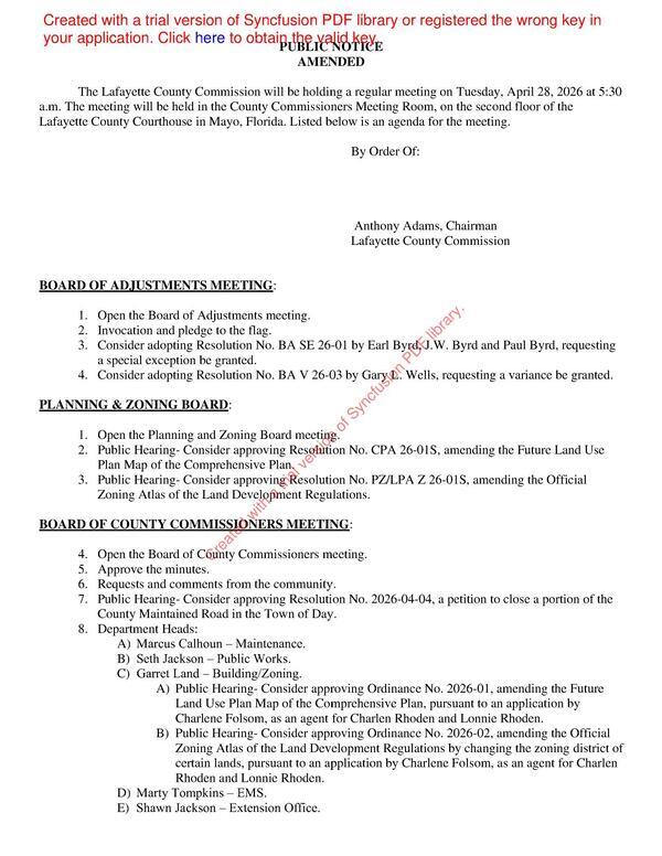[Agenda, 5:30 PM, Courthouse, Mayo, FL, 2026-04-28 --Lafayette County BOCC]
