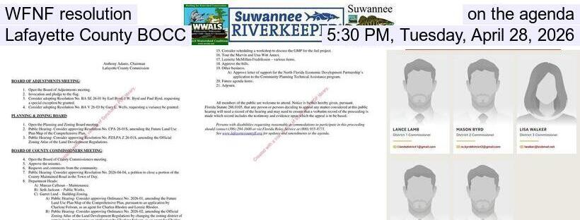 WFNF resolution on the agenda, Lafayette County BOCC, 5:30 PM, Tuesday, April 28, 2026