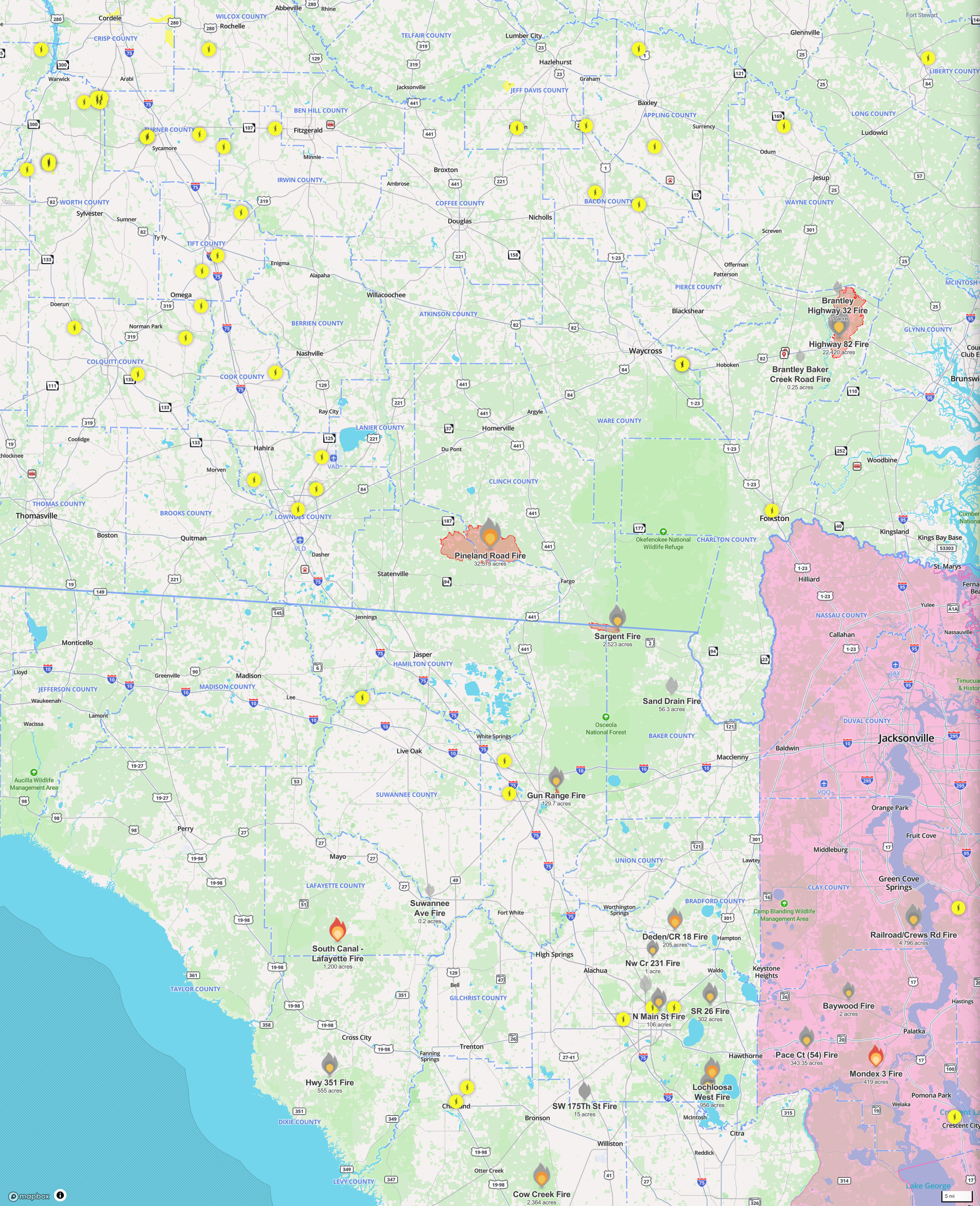 Map: Fires in Suwannee River Basin 2026-05-07 --Watch Duty