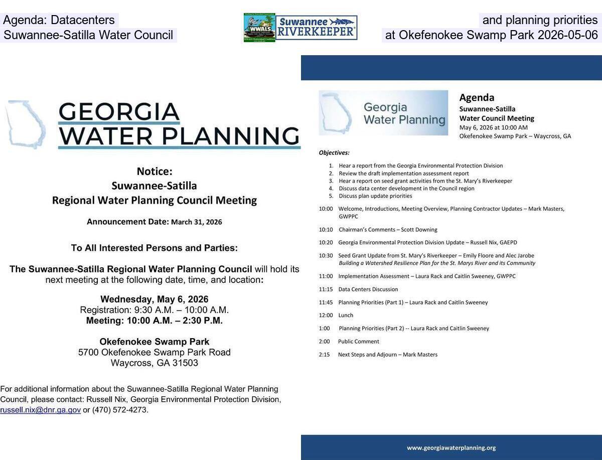[Agenda: Datacenters and planning priorities, Suwannee-Satilla Water Council at Okefenokee Swamp Park 2026-05-06]
