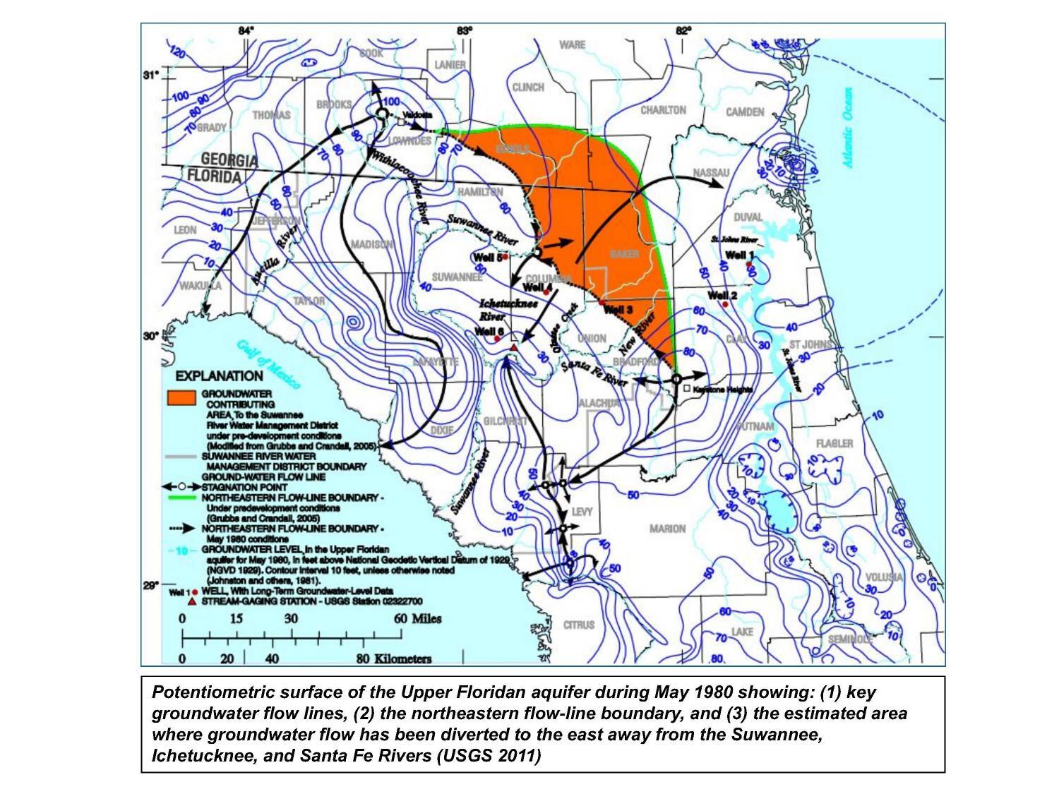 Potentiometric surface of the Upper Floridan aquifer during May 1980 showing: