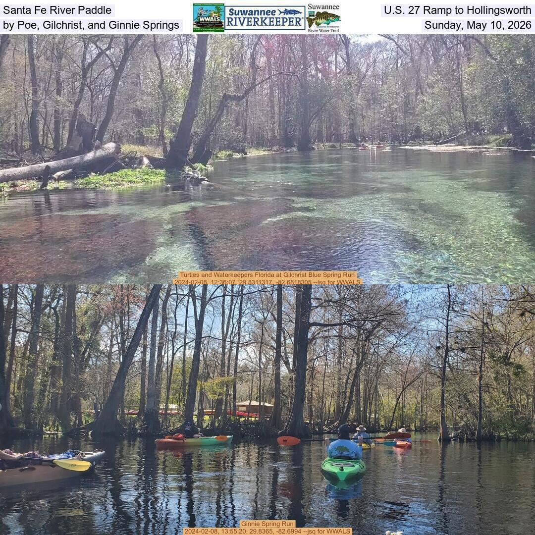 Santa Fe River Paddle, U.S. 27 Ramp to Hollingsworth, by Poe, Gilchrist, and Ginnie Springs, Sunday, May 10, 2026