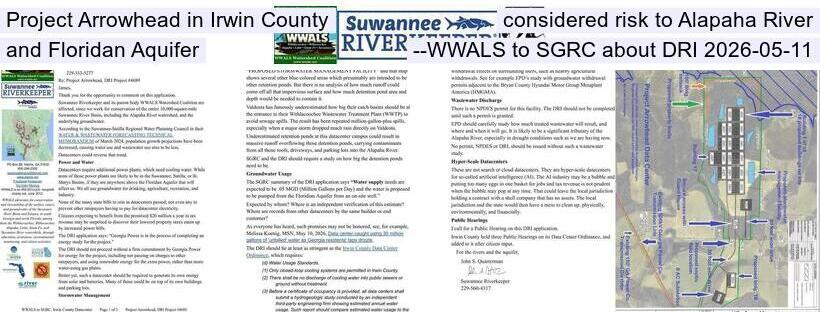 Project Arrowhead in Irwin County considered risk to Alapaha River and Floridan Aquifer --WWALS to SGRC about DRI 2026-05-11