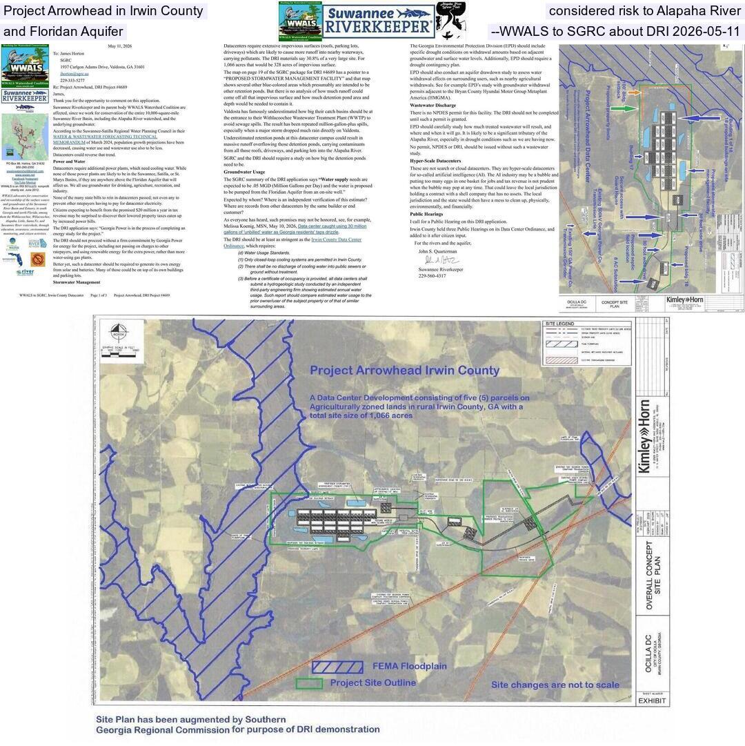 Project Arrowhead in Irwin County considered risk to Alapaha River and Floridan Aquifer --WWALS to SGRC about DRI 2026-05-11