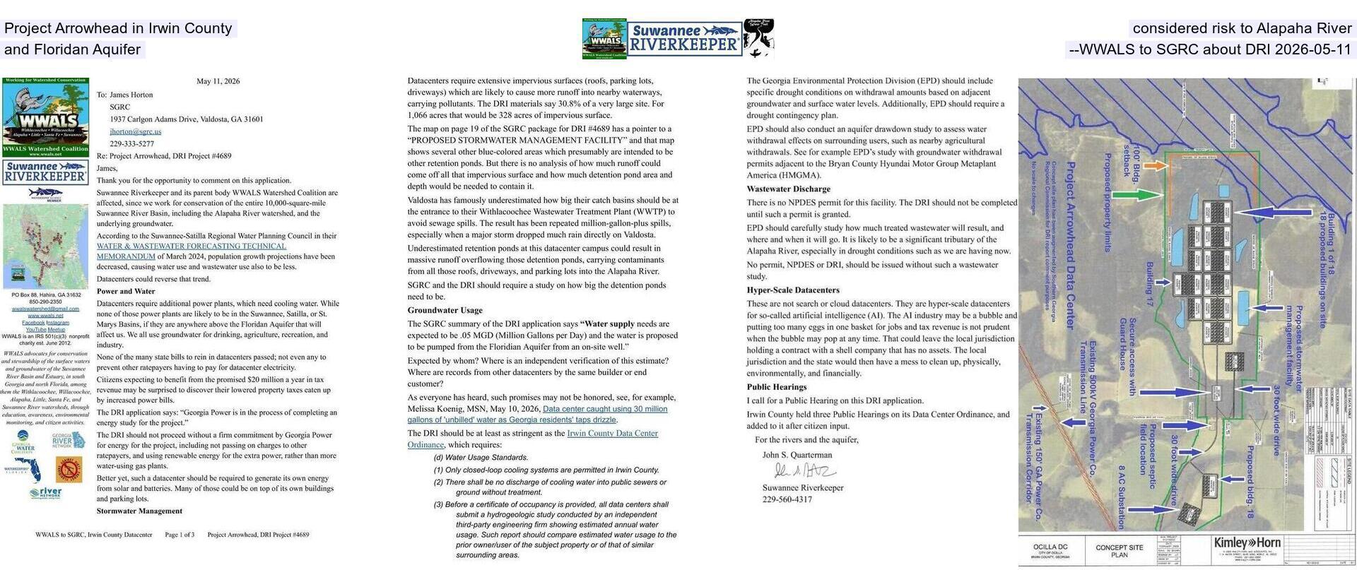 Project Arrowhead in Irwin County considered risk to Alapaha River and Floridan Aquifer --WWALS to SGRC about DRI 2026-05-11