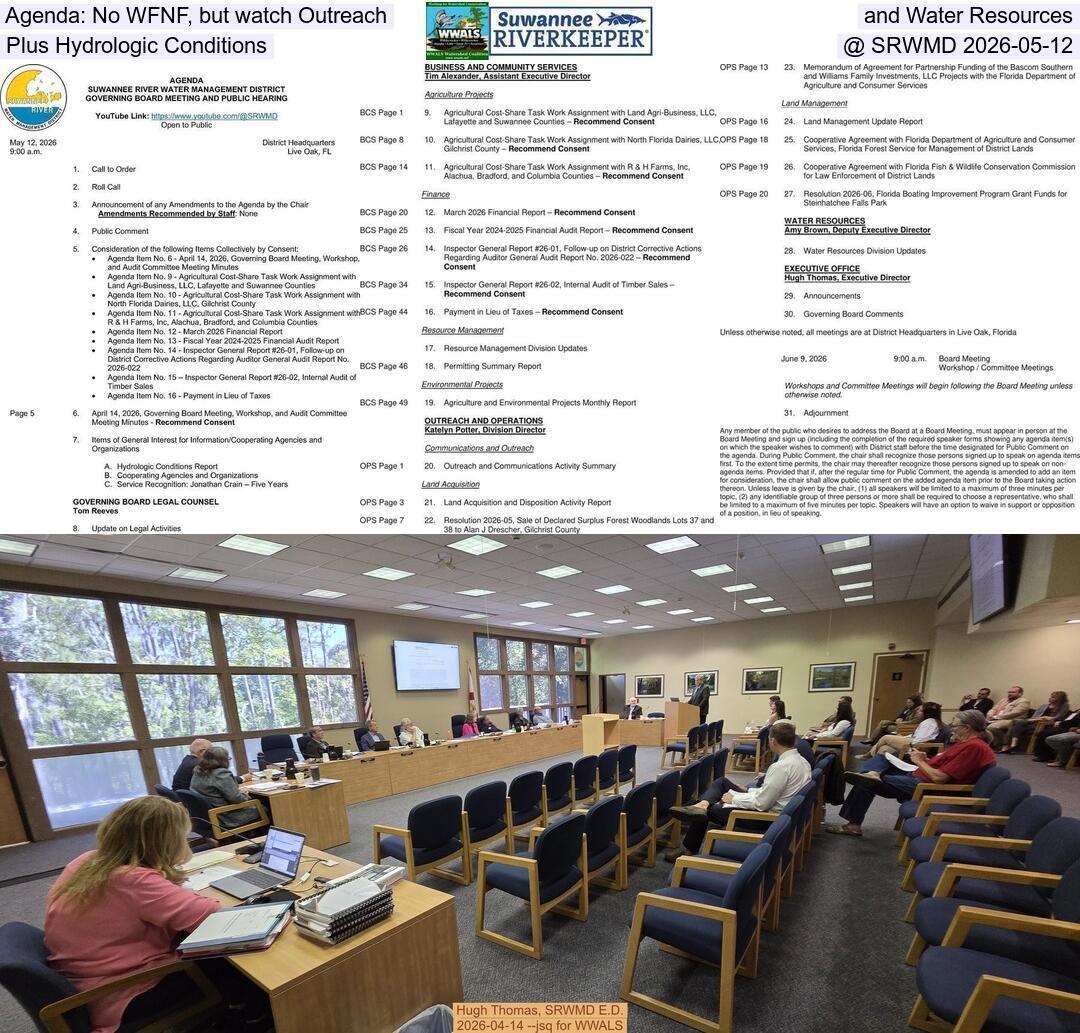 Agenda: No WFNF, but watch Outreach and Water Resources, Plus Hydrologic Conditions @ SRWMD 2026-05-12