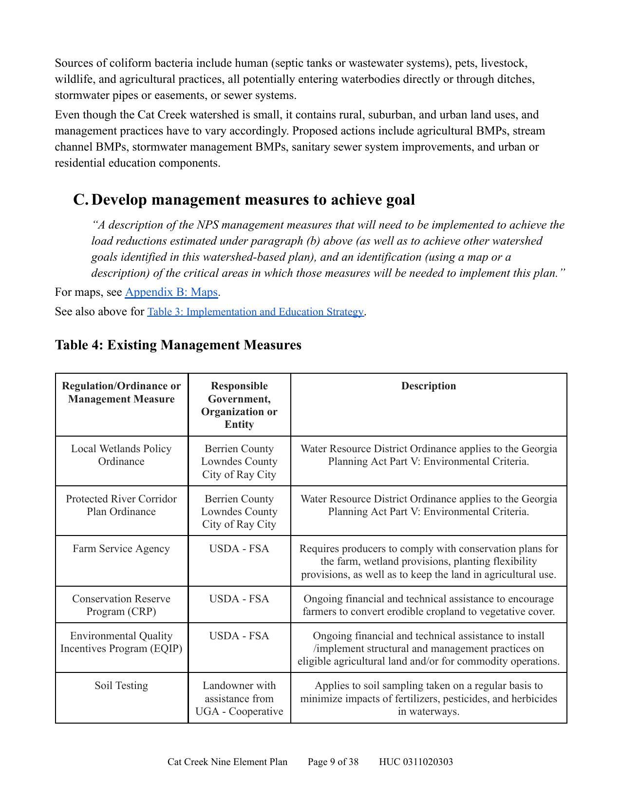 C. Develop management measures to achieve goal; Table 4: Existing Management Measures