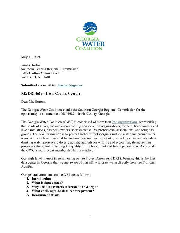 [the first data center in Georgia that we are aware of that will withdraw water directly from the Floridan Aquifer. --Georgia Water Coalition]