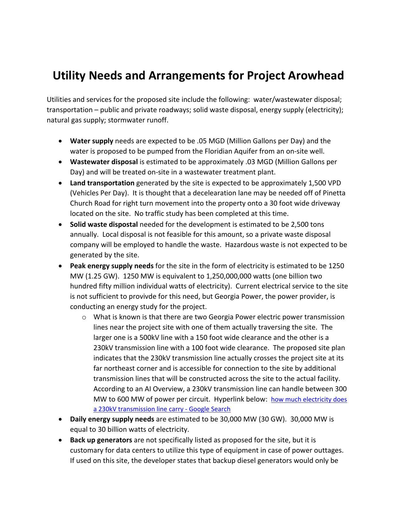 Utility Needs and Arrangements for Project Arowhead