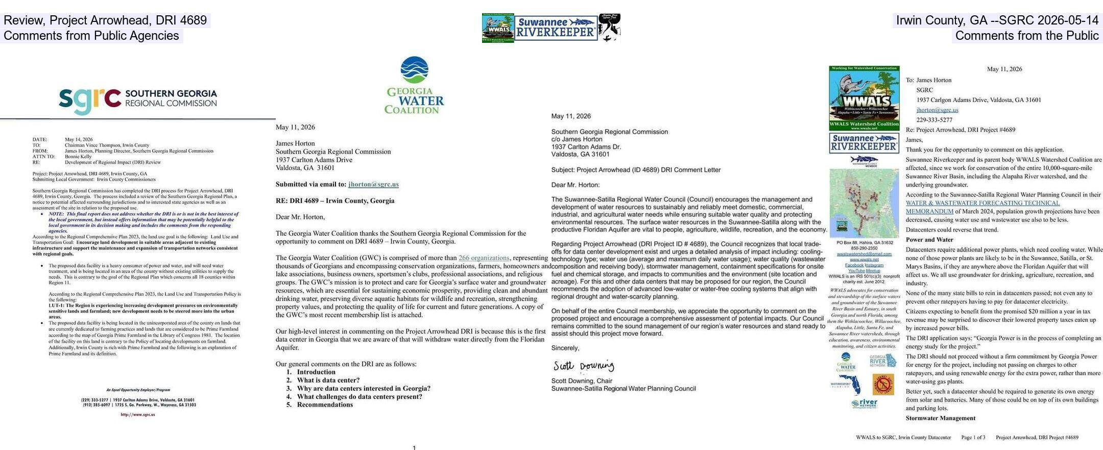 Review, Project Arrowhead, DRI 4689, Irwin County, GA --SGRC 2026-05-14, Comments from Public Agencies, Comments from the Public