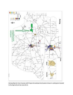 [Zoning Map for Irwin County with Project Arrowhead site location shown in solid green located in the Agricultural Use area (A-U). --SGRC]