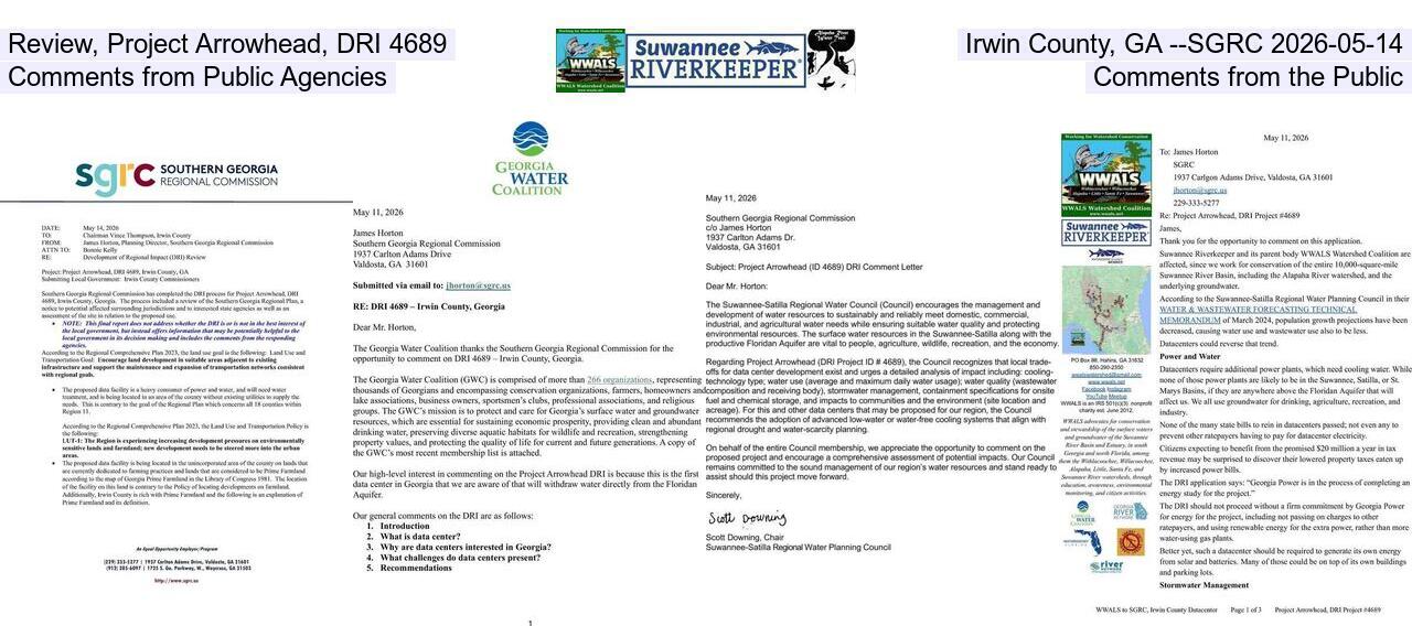 Review, Project Arrowhead, DRI 4689, Irwin County, GA --SGRC 2026-05-14, Comments from Public Agencies, Comments from the Public
