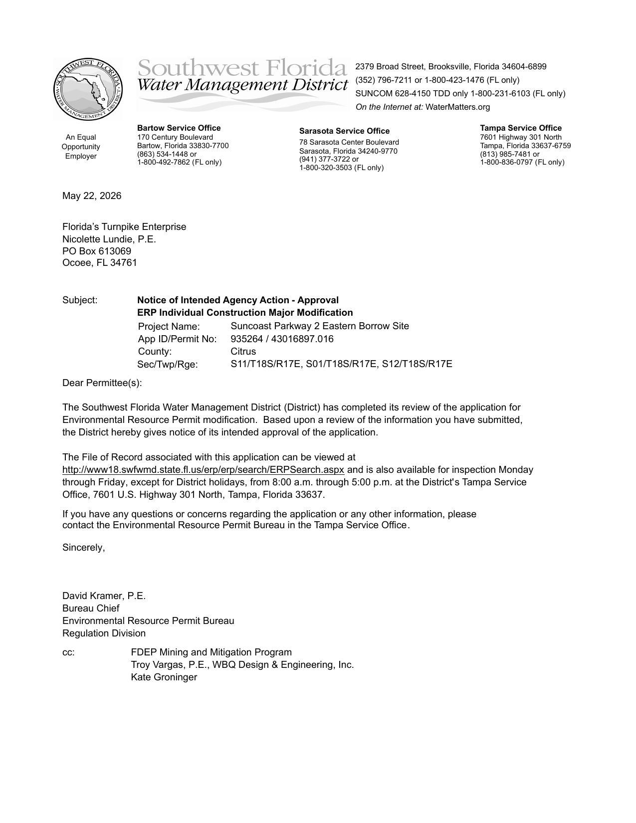 Approval ERP Individual Construction Major Modification Project, 2026-05-22, Name Suncoast Parkway 2 Eastern Borrow Site App ID_Permit No 935264/43016897.016, Citrus County