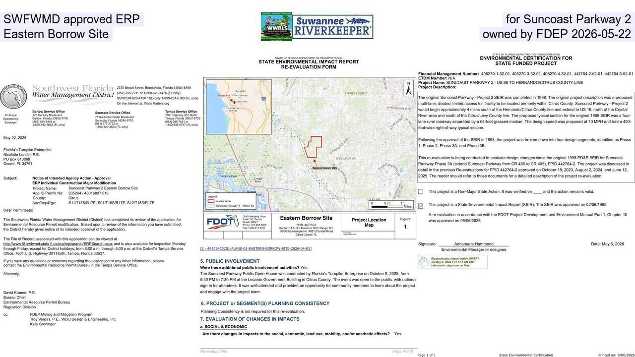 SWFWMD approved ERP, for Suncoast Parkway 2, Eastern Borrow Site, owned by FDEP 2026-05-22