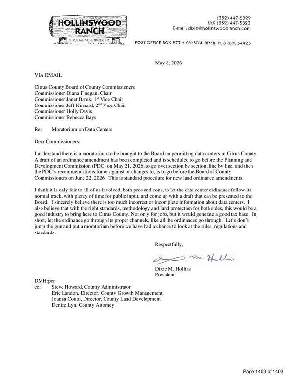 [Letter from Hollinswood Ranch, 2026-05-26 --Citrus County BOCC]