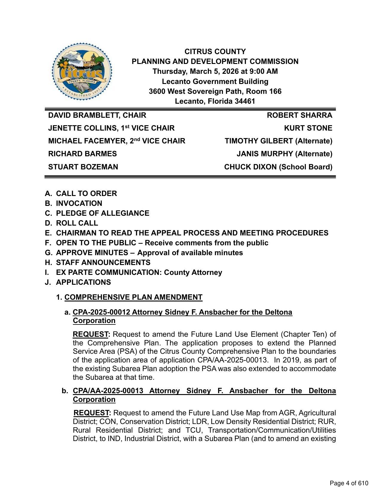 a. CPA-2025-00012 and b. CPA/AA-2025-00013 Attorney Sidney F. Ansbacher for the Deltona Corporation, 2026-03-05 --Citrus County PDC