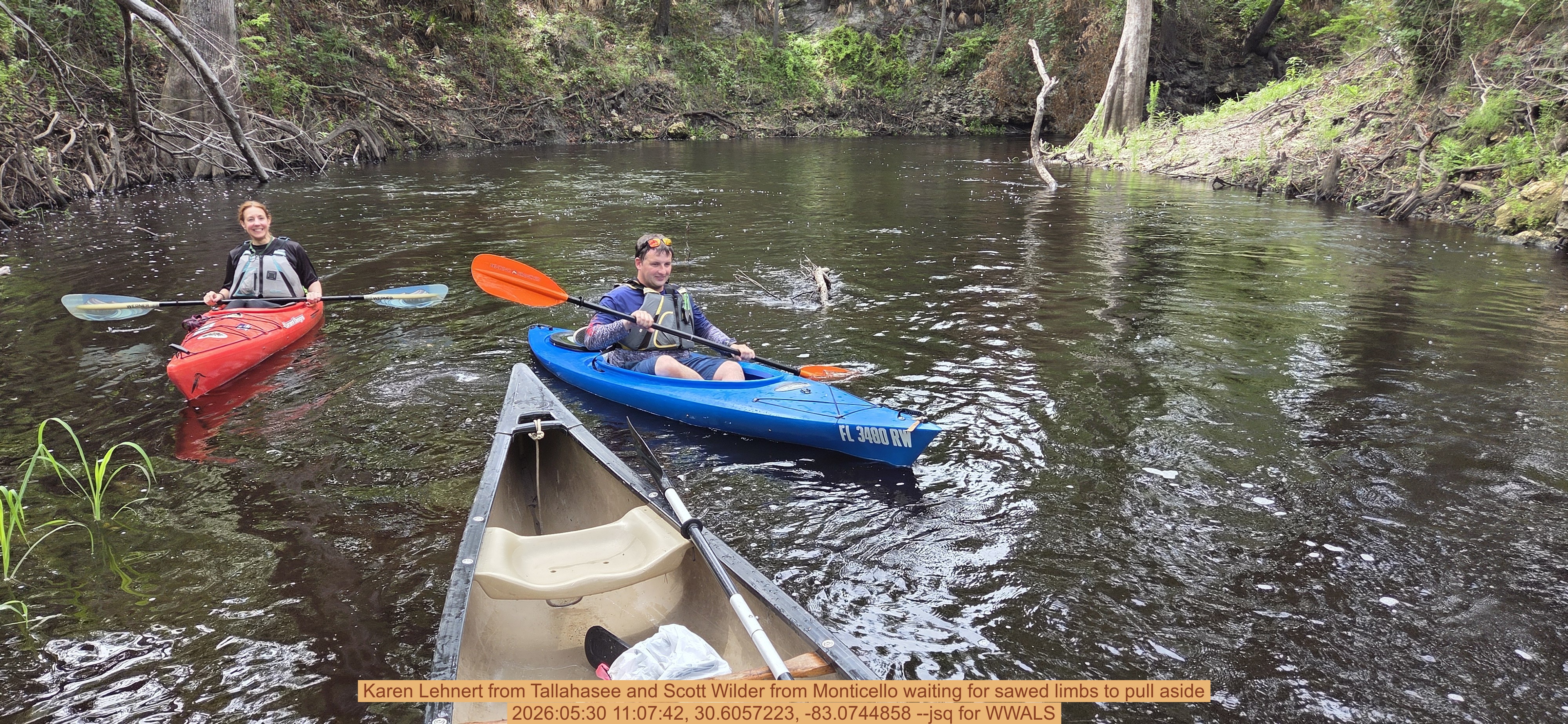 Karen Lehnert from Tallahasee and Scott Wilder from Monticello waiting for sawed limbs to pull aside, 2026:05:30 11:07:42, 30.6057223, -83.0744858 --jsq for WWALS