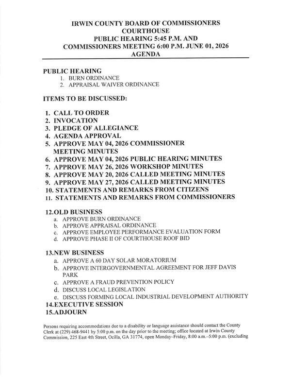 [Agenda with 13.e. Local Industrial Development Authority, 2026-06-01, --Irwin County BOCC]
