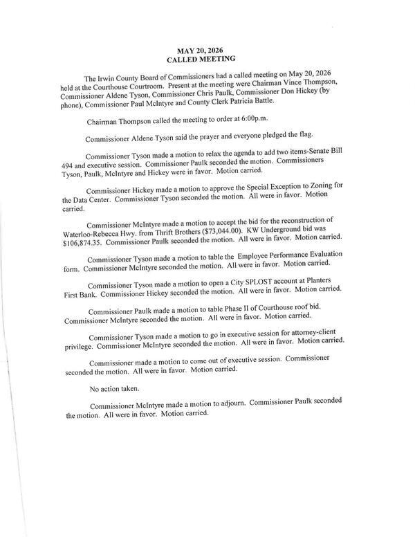 [Notes, 2026-05-20 --Irwin County BOCC]