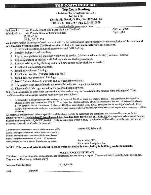 Scope of work and estimate, 2026-04-23, Eco Star Synthetic Slate Tile Roof
