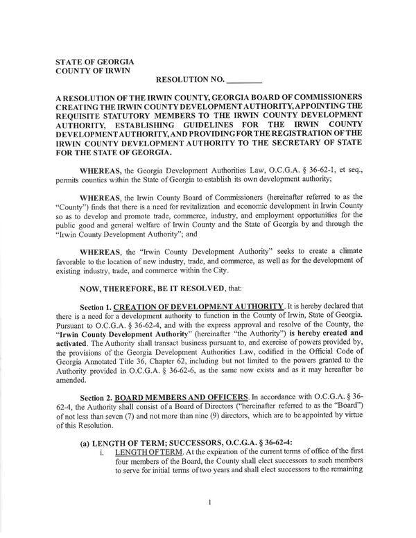 [A RESOLUTION OF THE IRWIN COUNTY, GEORGIA BOARD OF COMMISSIONERS CREATING THE IRWIN COUNTY DEVELOPMENT AUTHORITY... 2026-06-01 --Irwin County BOCC]