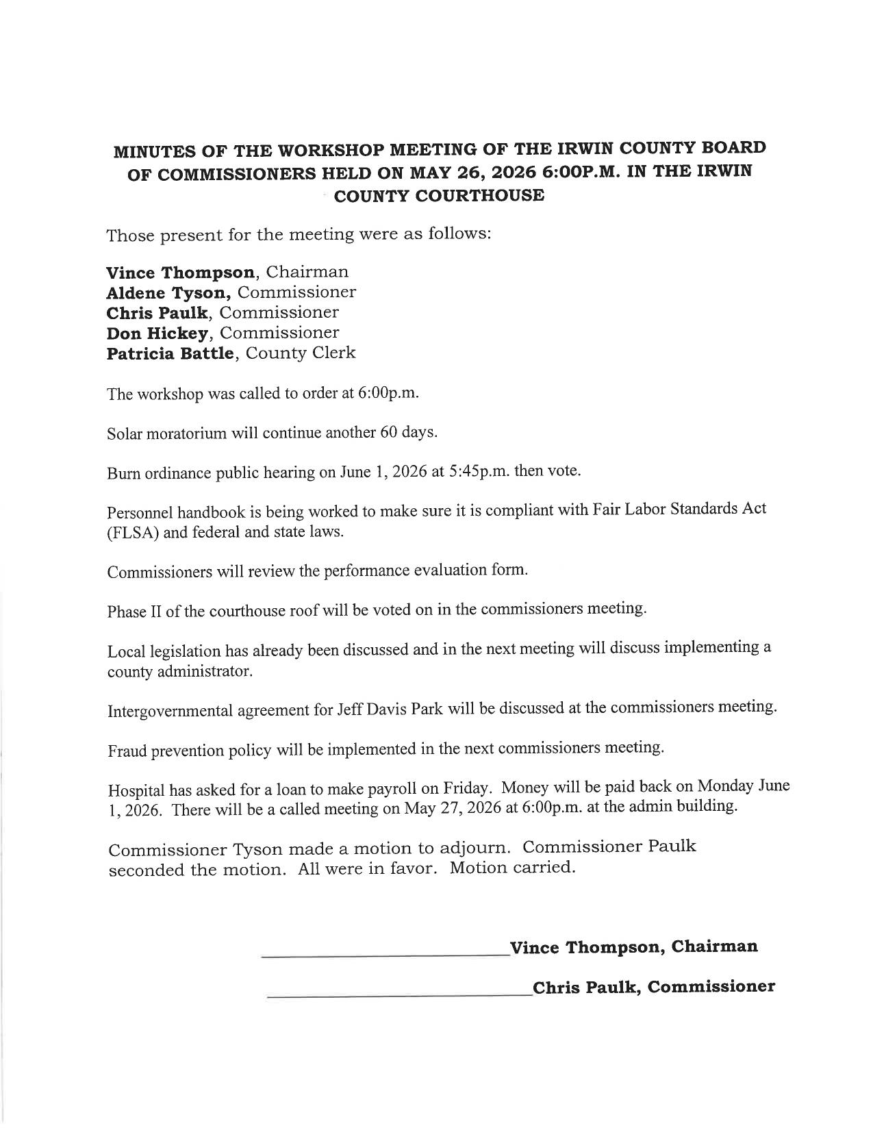 Minutes, Workshop, 2026-05-26 --Irwin County BOCC
