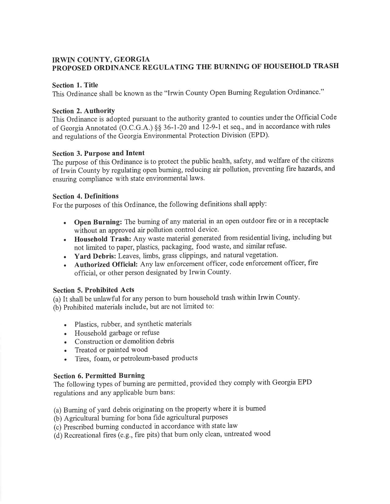 Proposed Burning Ordinance, 2026-06-01 --Irwin County BOCC