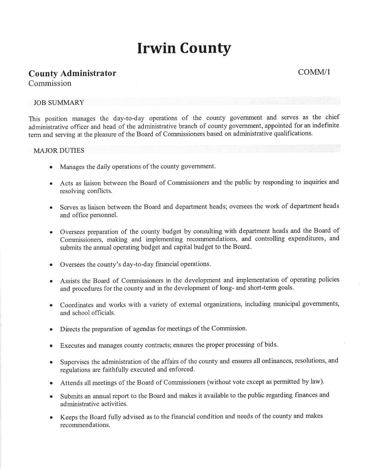 County Administrator job posting, 2026-06-01 --Irwin County BOCC
