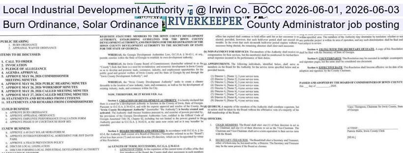 Local Industrial Development Authority @ Irwin Co. BOCC 2026-06-01, 2026-06-03, Burn Ordinance, Solar Ordinance, County Administrator job posting