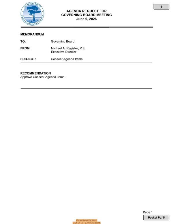Consent Agenda Items, 2026-06-09 --SJRWMD Board