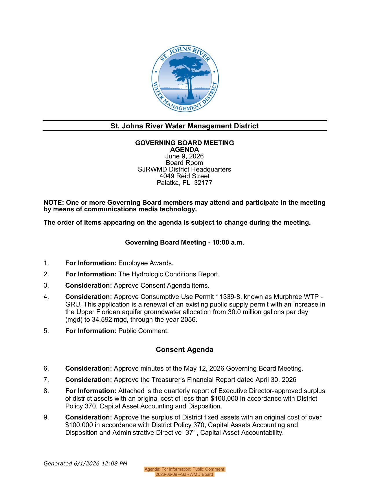 Agenda: For Information: Public Comment, 2026-06-09 --SJRWMD Board