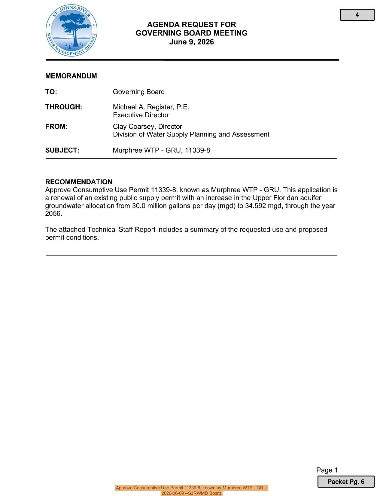 Approve Consumptive Use Permit 11339-8, known as Murphree WTP - GRU, 2026-06-09 --SJRWMD Board