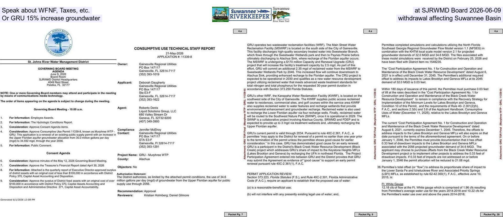 [Speak about WFNF, Taxes, etc., at SJRWMD Board 2026-06-09, Or GRU 15% increase groundwater withdrawal affecting Suwannee Basin]