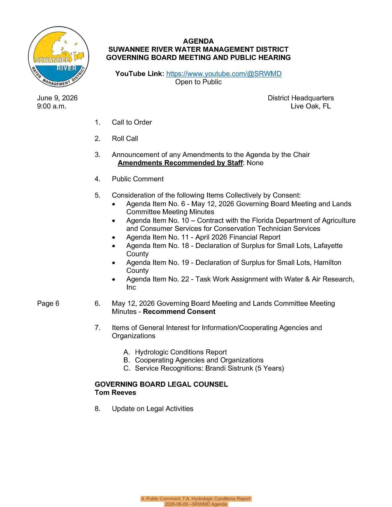4. Public Comment; 7.A. Hydrologic Conditions Report, 2026-06-09 --SRWMD Agenda