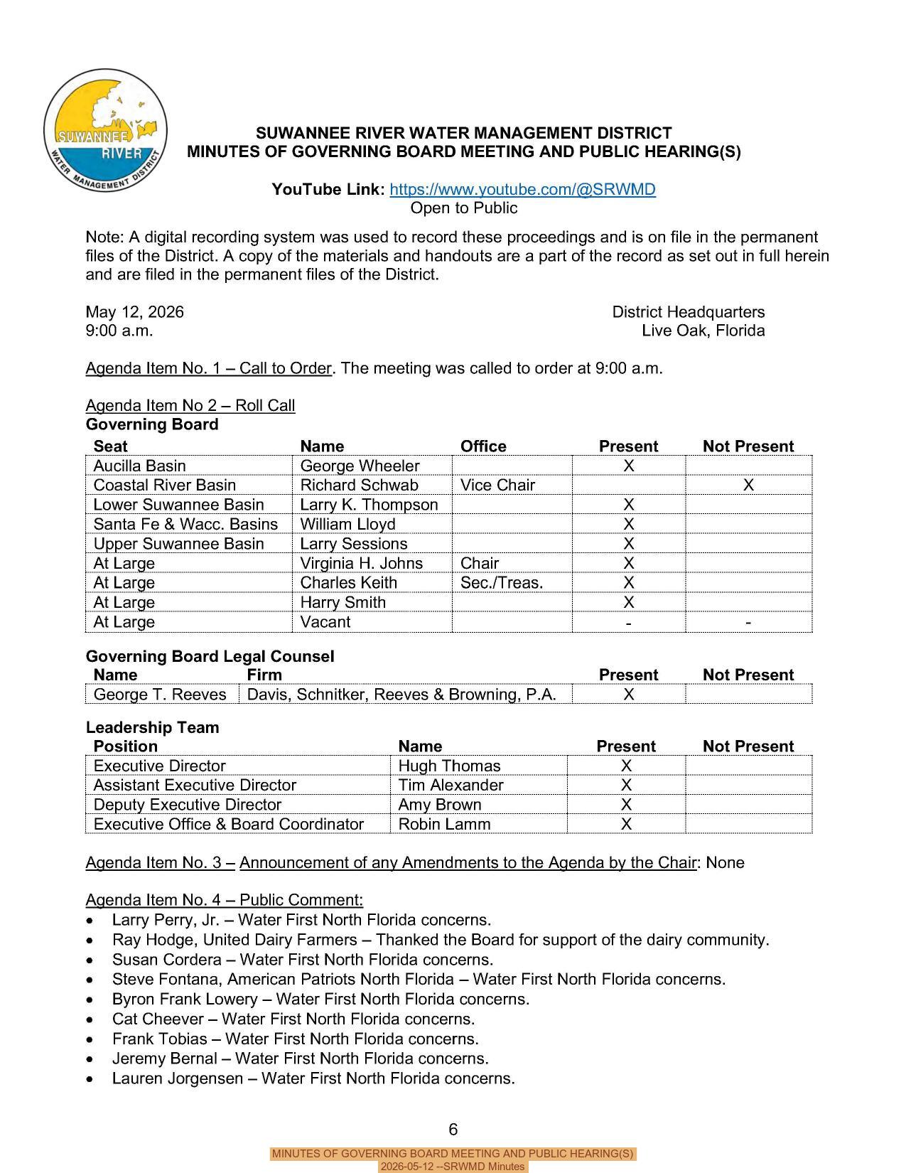 MINUTES OF GOVERNING BOARD MEETING AND PUBLIC HEARING(S), 2026-05-12 --SRWMD Minutes