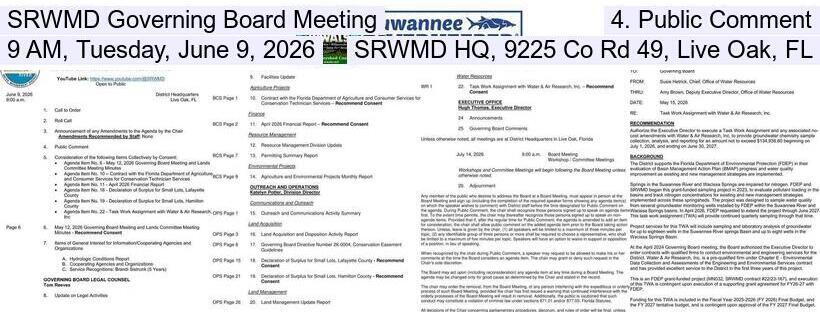 SRWMD Governing Board Meeting, 4. Public Comment, 9 AM, Tuesday, June 9, 2026, SRWMD HQ, 9225 Co Rd 49, Live Oak, FL