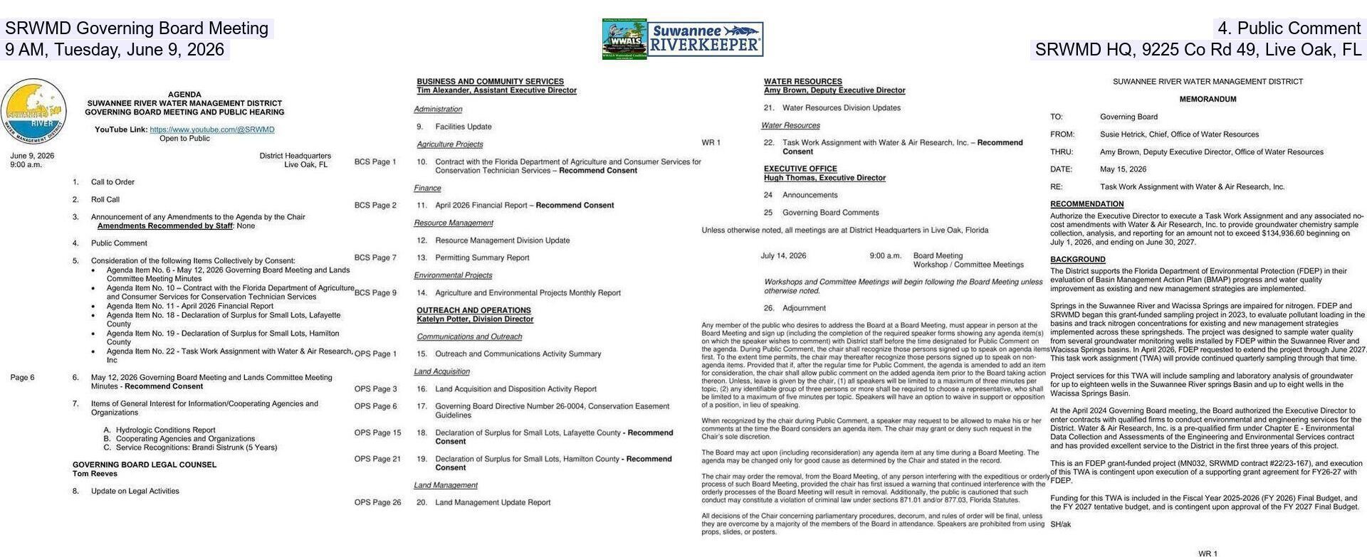 [SRWMD Governing Board Meeting, 4. Public Comment, 9 AM, Tuesday, June 9, 2026, SRWMD HQ, 9225 Co Rd 49, Live Oak, FL]