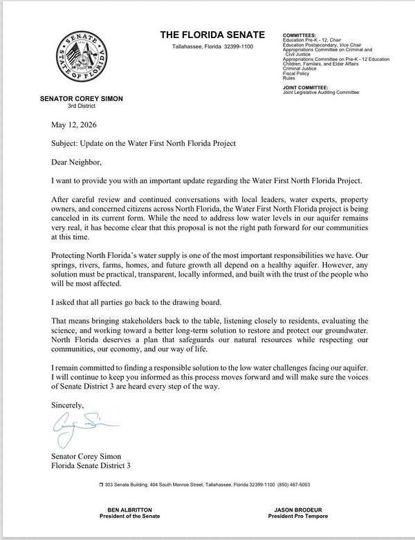 [the Water First North Florida project is being canceled in its current form. 2026-05-12 --Sen. Corey Simon]