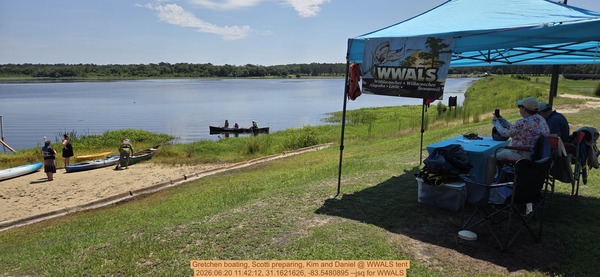 [Gretchen boating, Scotti preparing, Kim and Daniel @ WWALS tent, 2026:06:20 11:42:12, 31.1621626, -83.5480895 --jsq for WWALS]