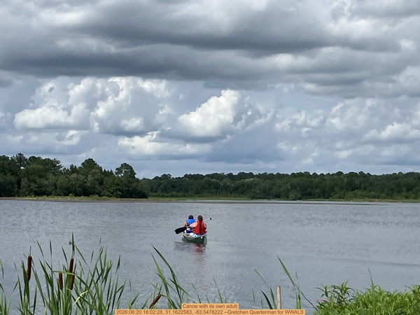 [Canoe with its own adult, 2026:06:20 16:02:28, 31.1622583, -83.5478222 --Gretchen Quarterman for WWALS]